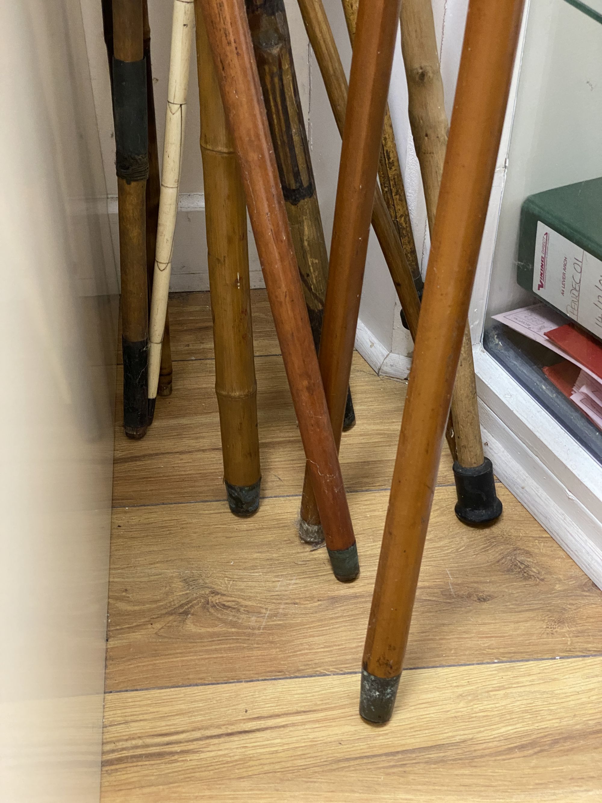 A collection of walking sticks, including ivory handles